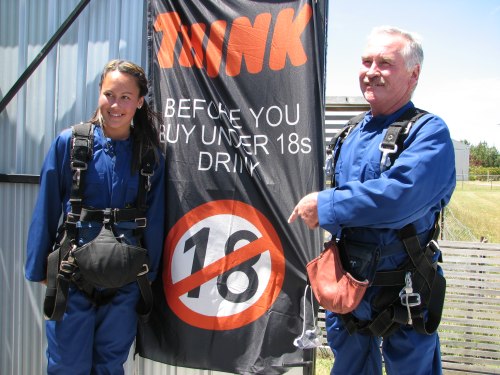 Mayor Cooper with fellow Skydiver SADD student Nicole Flaws promoting the Ã¢â‚¬ËœTHINKÃ¢â‚¬â„¢ campaign 